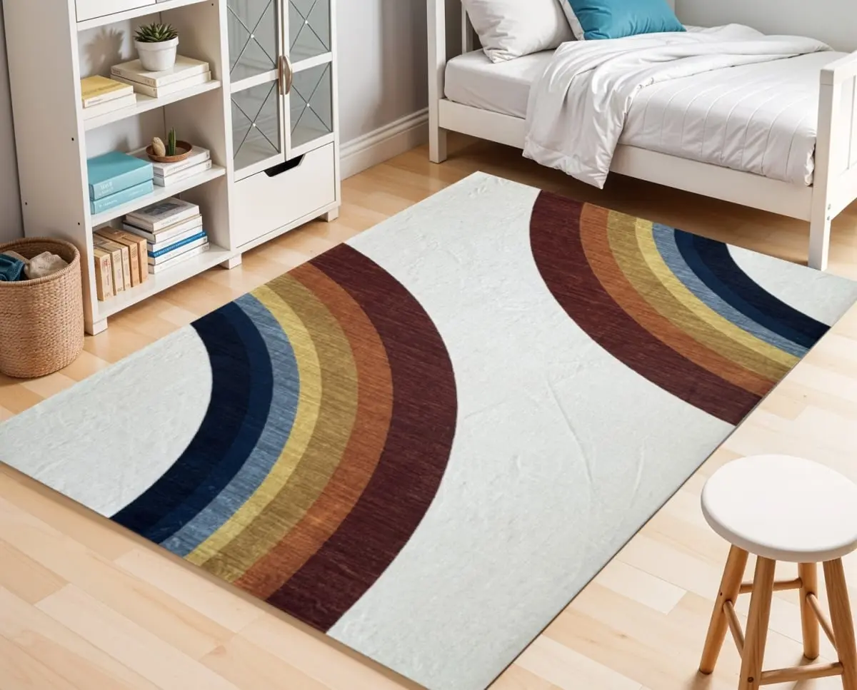 360 Stand 7x10 ft. Polyester Machine-Woven Modern Rectangle Area Rug, Red Orange & Blue Rainbow Arcs, Stain Resistant, Playful Vibe for Playroom