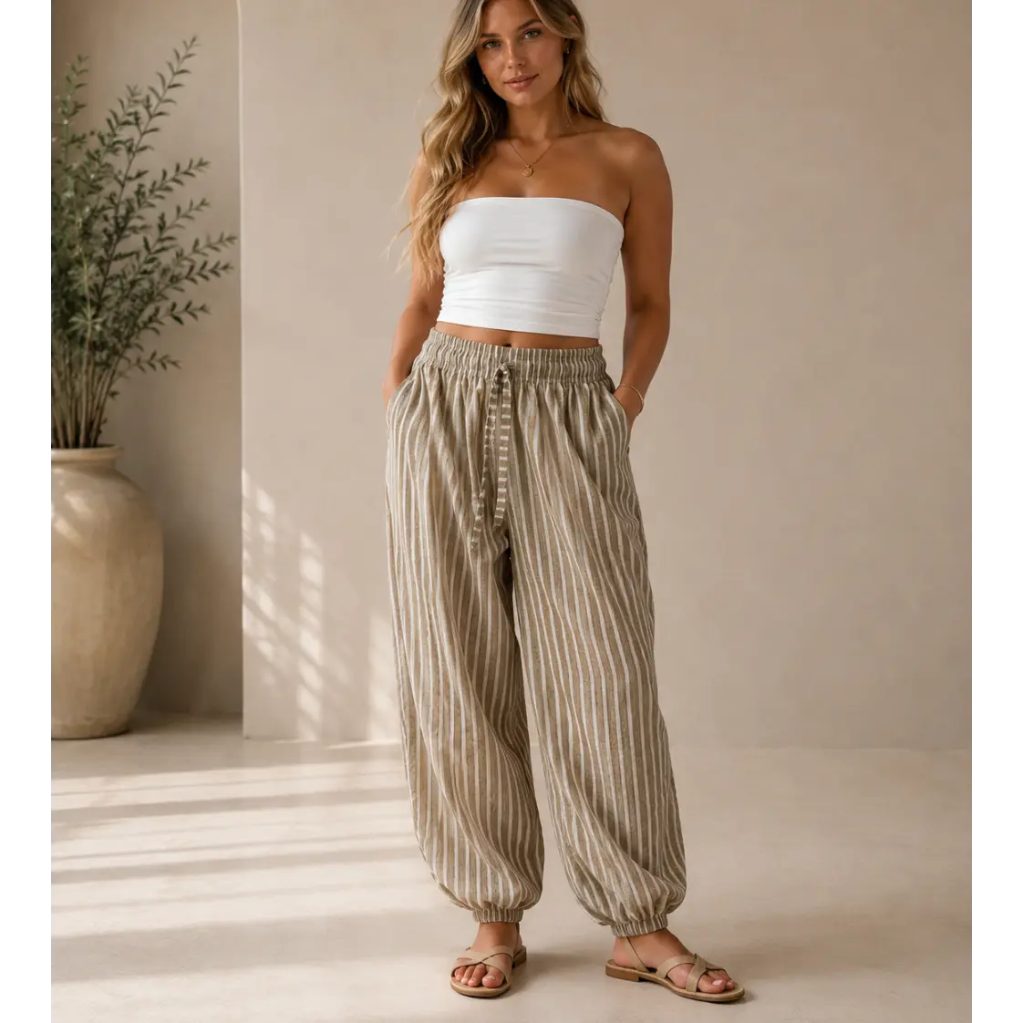 Striped Loose Linen Jogger Pants size L