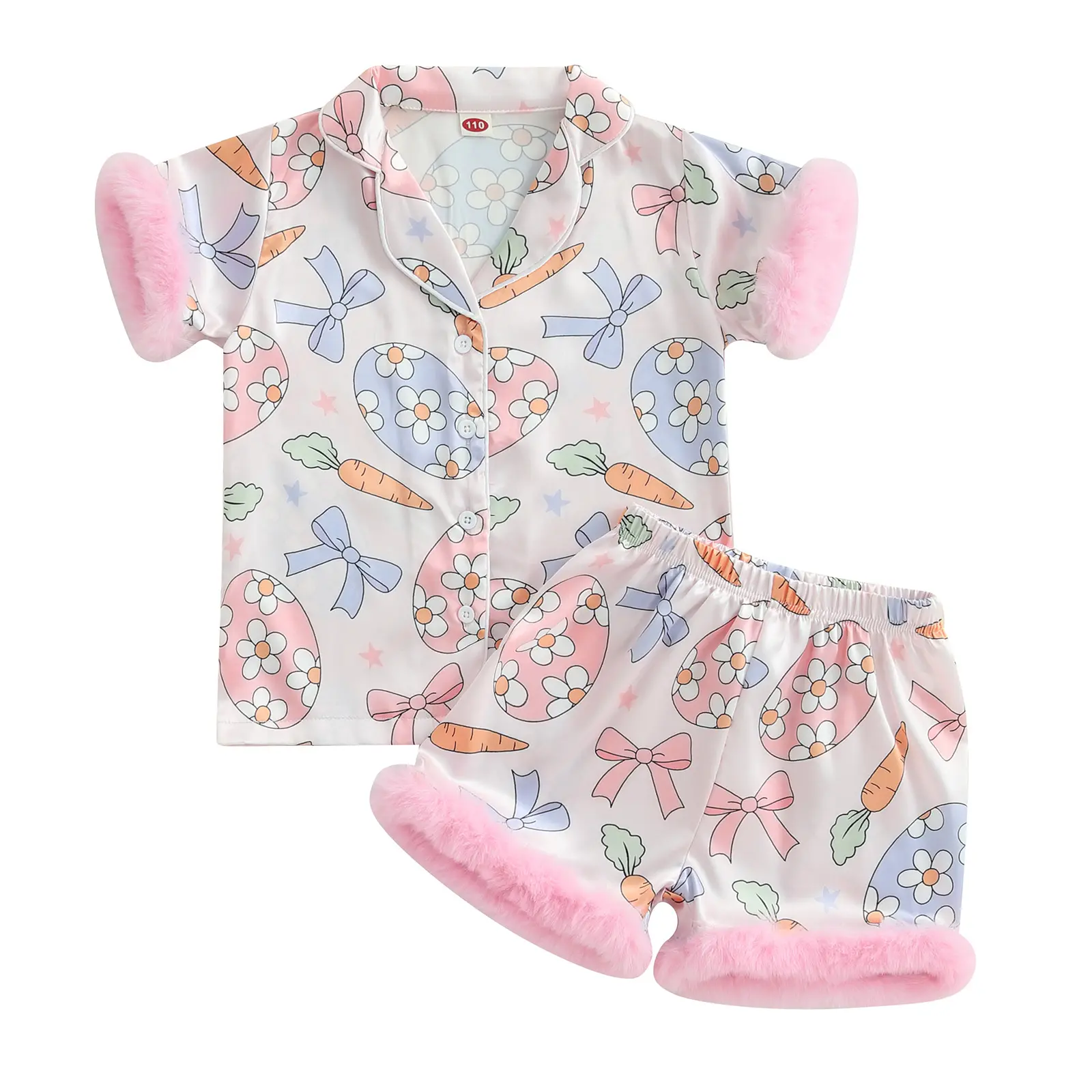 CPZVUCAK Kids Girls Easter Pajamas Set Easter Eggs Carrot Print Short Sleeve Shirts Tops Elastic Waist Shorts 2 Pieces Lounge Suit
