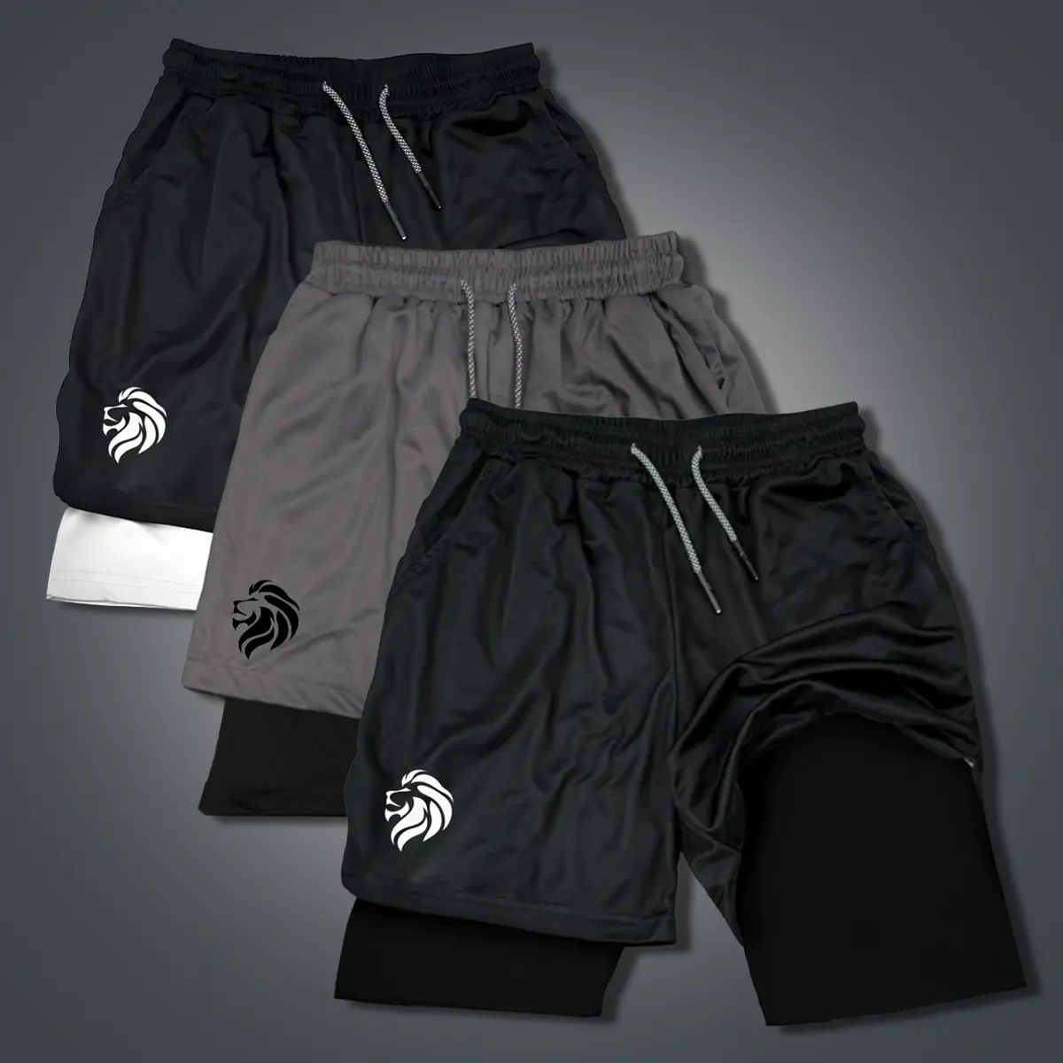 Lion Icon Double-Layer Sports Shorts Men's Three-Piece Set Graphic Camo Black Streetwear Outfits Quick-Drying Breathable Elastic Waistband