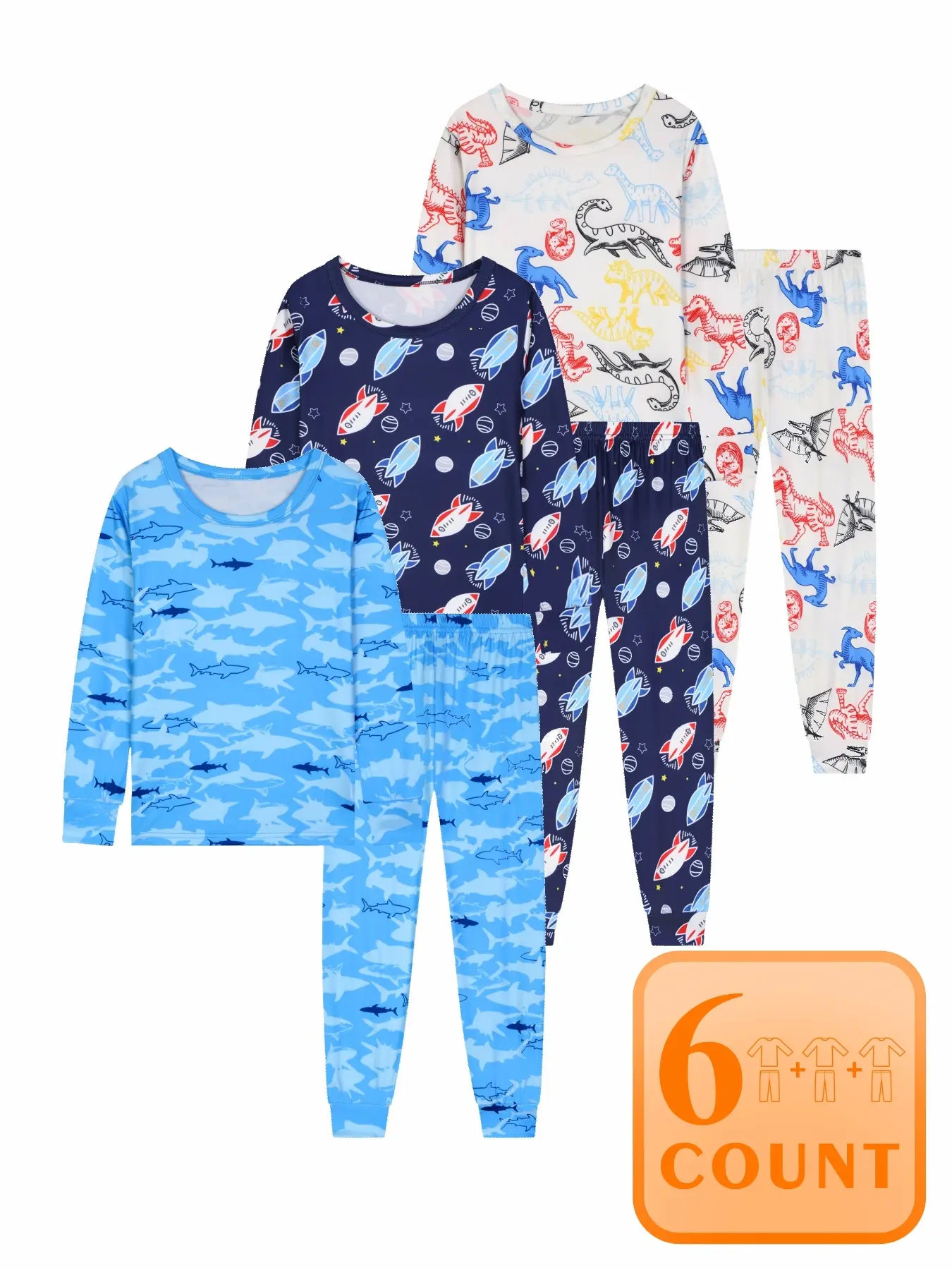 Boys' 3 Set 6 Piece Cartoon Dinosaur Shark Ship Pattern Spring Autumn Thin Round Neck Long Sleeve Pants Cartoon Print Pajama Outfit Sleepwear Set Cartoon Pattern Pajamas