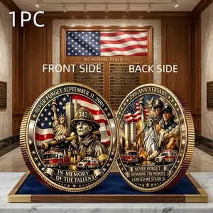1PC Patriot Tribute Memorial Coin Never Forget Anniversary Theme Commemorative Medal Alloy 3D Relief Firefighter And Liberty Artwork Decorative - USA Semiquincentennial Medal Coin | 250th Anniversary American Collectible