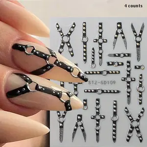 Punk Style Nail Art Stickers Set, 4 Counts/set 3D Embossed Gothic Punk Skull Cross X-Shape Nail Decals, Self-adhesive Plastic Stripes
