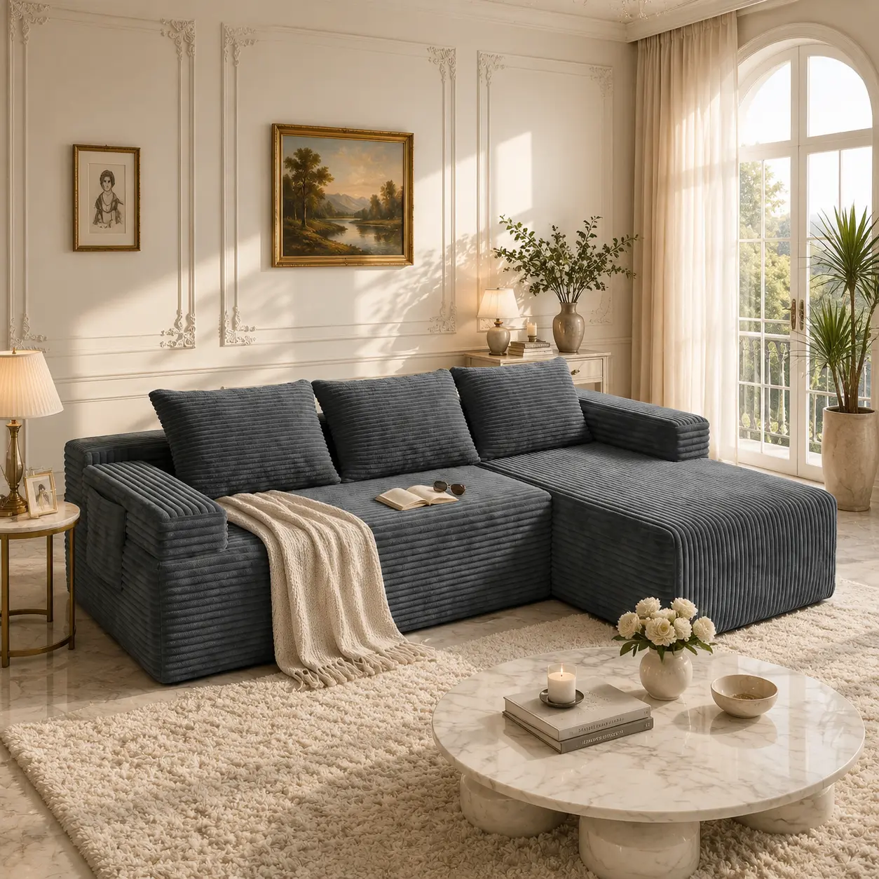 【summer vibes】BLLYYUV Modern Vertical Striped Corduroy Modular L-Shaped Cloud Sectional Sofa, Oversized Deep Seat Couch with Chaise Lounge, Pet Friendly Upholstered Sofa for Living Room Villa Apartment Home Decoration（ship 2-packages) campingessentials