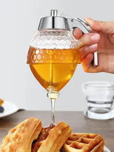 Honey Dispenser with Push Button Top, Food Grade Syrup Dispenser Bottle for Kitchen, Leakproof Liquid Topping Container for Pancake, Coffee, Ice Cream, Home Bakery Supplies