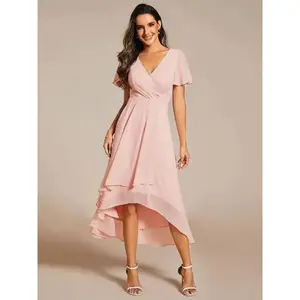 New Ruffles Sleeve Pleated V-Neck A-Line Midi Chiffon  Evening Holiday Party spring Dress Formal Womenswear Elegance 02084 Workwear Basic Minimalist Shortsleeve Ruffled Fabric Garment Elegant(Sheets)