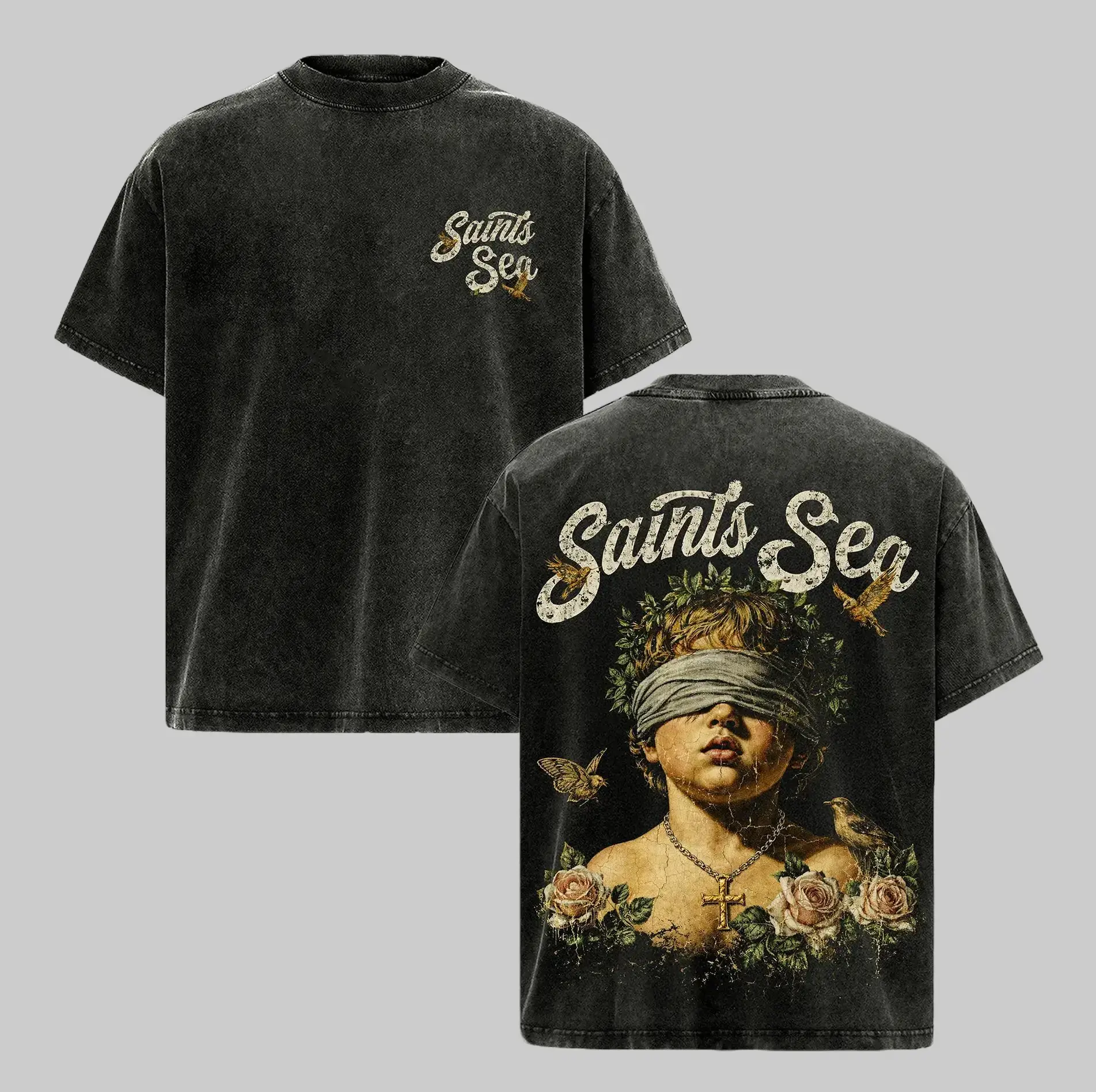 Heavyweight Vintage Style Graphic Tee | Baroque Angel Rose and Birds T Shirt | Romantic Aesthetic Lettering Oversized Top | Breathable Soft High Streetwear Fashion