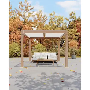 10'x10' Louvered Pergola – Outdoor Hardtop Gazebo with Adjustable Louvered Roof, Reinforced Aluminum Frame, Integrated Drainage System – Wood Grain Finish for Patio & Deck