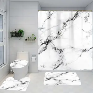1/4 piece matte marble design bathroom set, including soft floor mat, toilet seat cushion, shower curtain, creating elegant decoration, home decor, floor mat with good rebound, water absorption, anti slip, preferred for gift giving