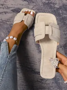 Women's Fashion Solid Color Strap Slide Sandals, Flat Heel Sandals, Durable Sandals, Flexible Sandals, Comfortable Breathable Lightweight Slippers for Summer, Square-Toe All-Match Walking Slides for Daily Wear