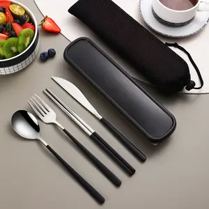 4pcs Stainless Steel Cutlery Set with Glossy Polished Thick Round Handle Knife, Chopsticks, Spoon, and Fork for Students, Outdoor Gatherings, Picnics, and Portable Cutlery Box