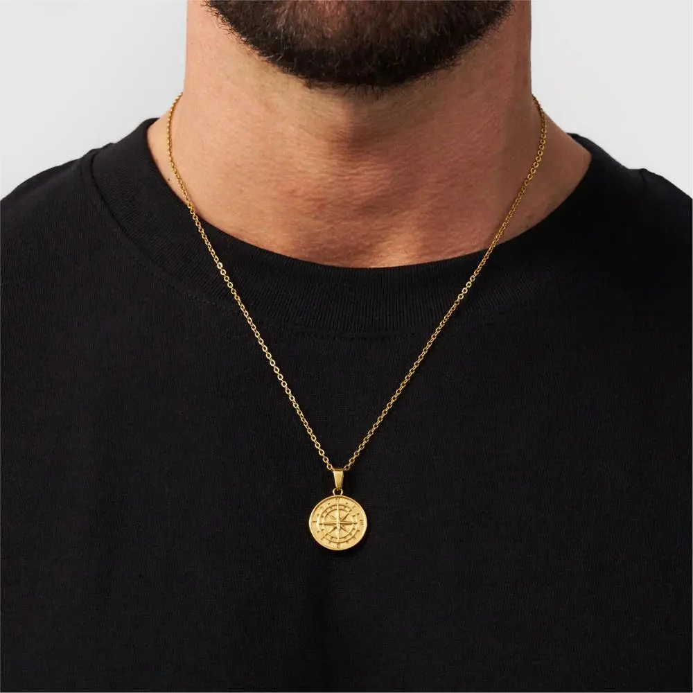 High Quality Stainless Steel Compass Necklace Vintage Scandinavian Pendant for Men Layering Stacked Cuban Chain