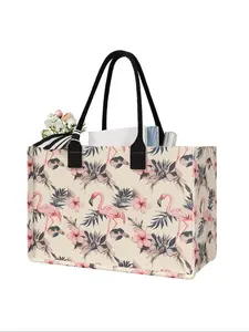 Large Capacity Flamingo Print Storage Bag, Tote Bag, Shopping Totes, Fashionable Shopping Bag, Durable Handles, Space-Saving Multi-Purpose Organizer for School Travel Shopping