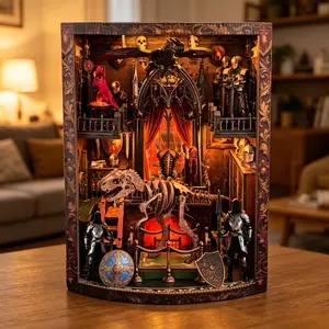 【Medieval Fantasy Design】3D Wooden Jigsaw Puzzle Bookend, Dragon Theme Book Nook, DIY Bookshelf Insert Decorative Model, Light-Up Home Decor Gift for Adults 14+