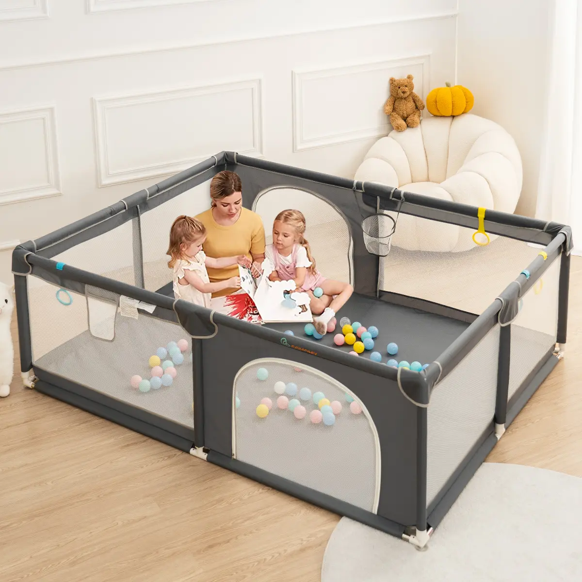 CAVEEN Baby Playpen, 71" x 59" x 27" Extra Large Playard, Portable Soft Mesh Sturdy Pipe Ample Space for abies and Toddler, Safe and Non-Slip Baby Fence, Full Mesh Design, Indoor & Outdoor Kids Activity Center, Dark Grey