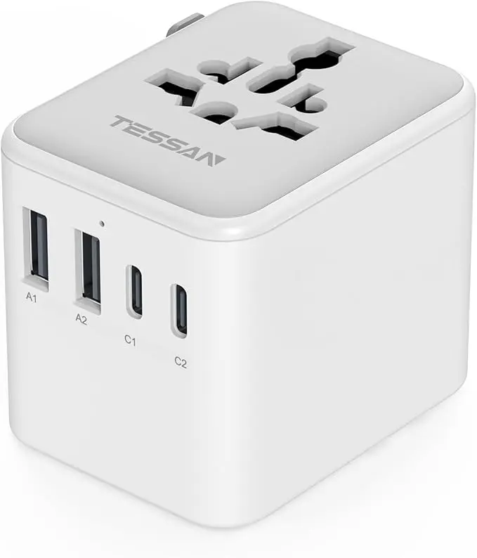 TESSAN Universal Travel Adapter with USB-C, 5-in-1 International Plug Adapter for Worldwide Travel, Europe UK USA Japan