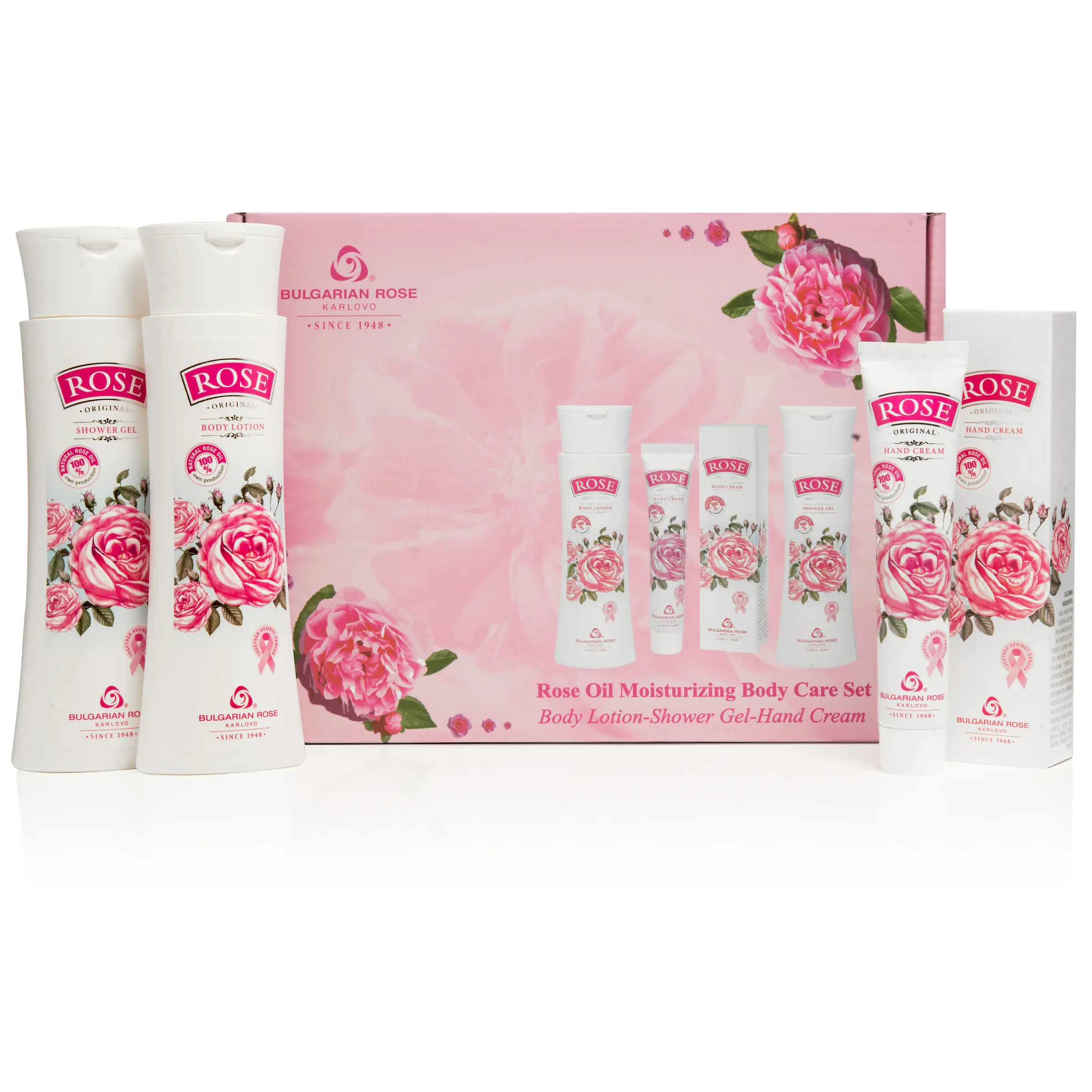 Bulgarian Rose Oil Moisturizing Body Care 3 Piece Gift Set - Natural Rose Body Lotion, Natural Rose Body Wash, Natural Rose Hand Cream