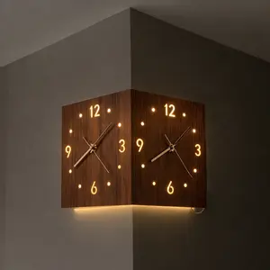 Sounds Activated Backlit Wooden Wall Clock Corner Clock, Double-Side Digital Clock, Dual Time-zone Wall Clock, for Hallway Bedroom, LIiving Room, Office