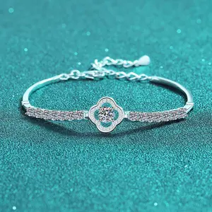 unique gift for gf bracelets for women S925 pure silver hand-set moissanite four-leaf clover hollow out row drill bracelet Han version simple jewelry