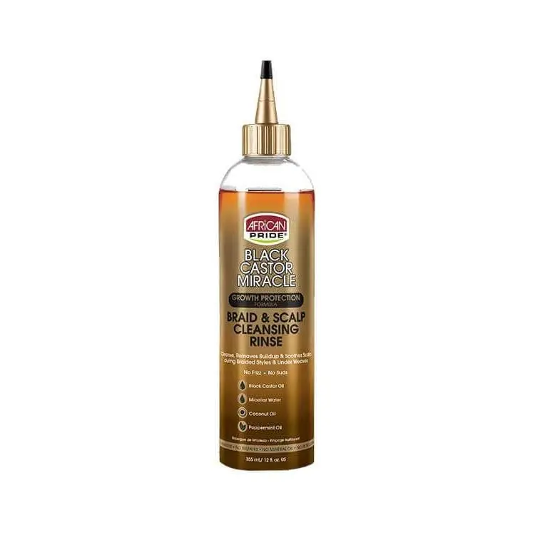 African Pride Black Castor Oil Braid & Scalp Cleansing Rinse (12 oz) - Coconut-Nourishing, Peppermint-Calming, Repairing, Frizz Control, Non-Greasy Micellar Water Haircare Treatment for Box Braids Style, Itchy Scalp Relief & Buildup Removal, Braids Hairst