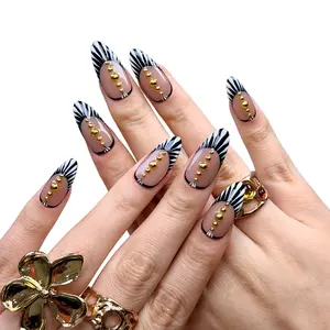 KissMuse Nails Handmade Black & White Zebra Stripe Long Stiletto Press-On Nails with Gold Stud Accents - Ideal for Parties, Festivals &Vacation