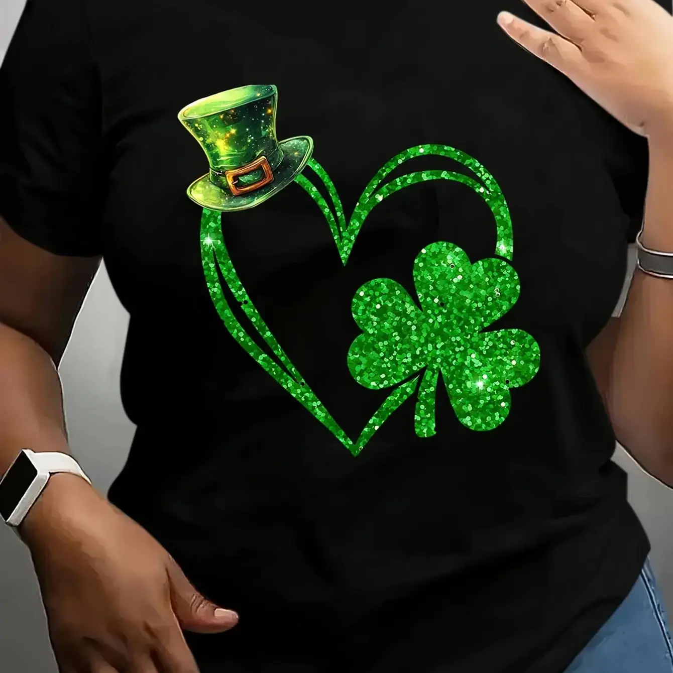 Cotton WomenS Green St PatrickS Day TShirt Short Sleeves Round Neck Shiny Heart And Clover Design Little Gnome Hat Symbolizing Luck And Celebration Suitable for Parties Festivals And Casual Wear