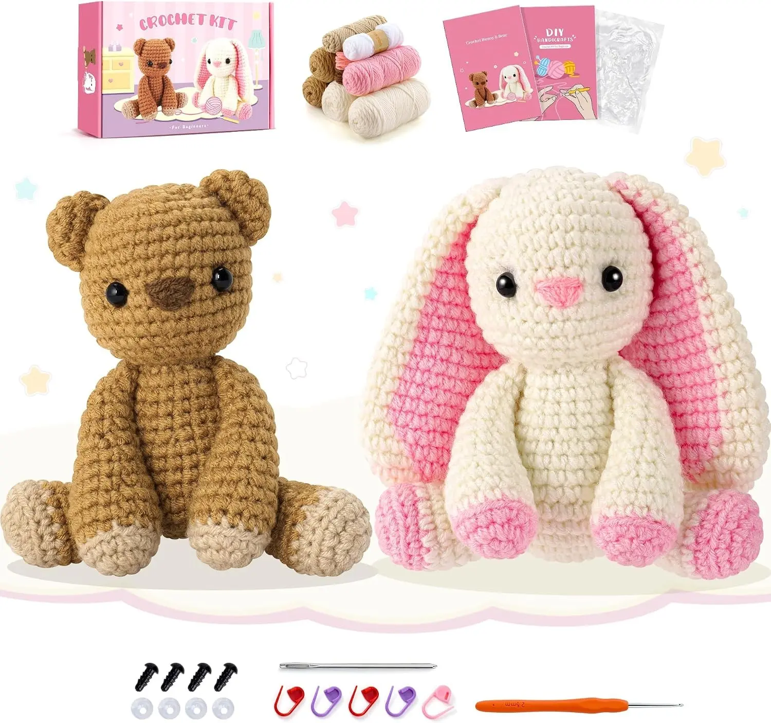 Bunny and Bear Crochet Kit for Beginners 2PCS Crochet Starter Kit for Adult | Beginner Crochet Kit with Step-by-Step Video Tutorials, Bunny Crocheting Kit, Animal Knitting Kit for Birthday Gift