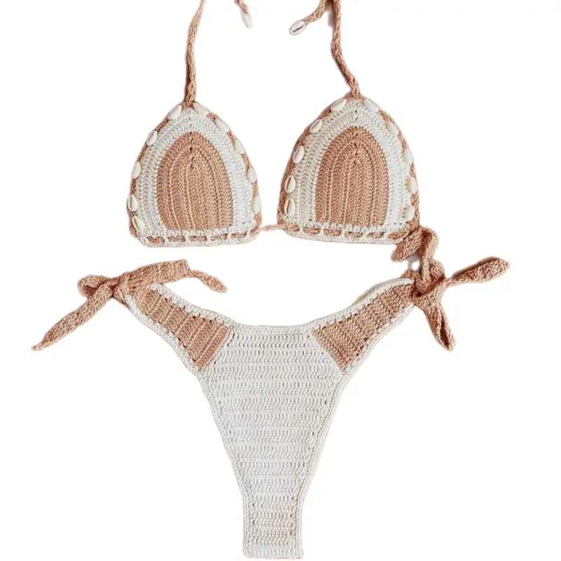 Handmade Shell-Trim Crochet Bikini Set in Cream & Sandy Beige Yarn with Adjustable Ties for Custom Fit and High-Cut Bottoms
