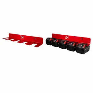 Battery Holder - Compatible with Milwaukee 18v Battery - Rust-Resistant Red Powder Coated Steel Mount for 5 Batteries - Elite Mounts Professional-Grade Tool Organization