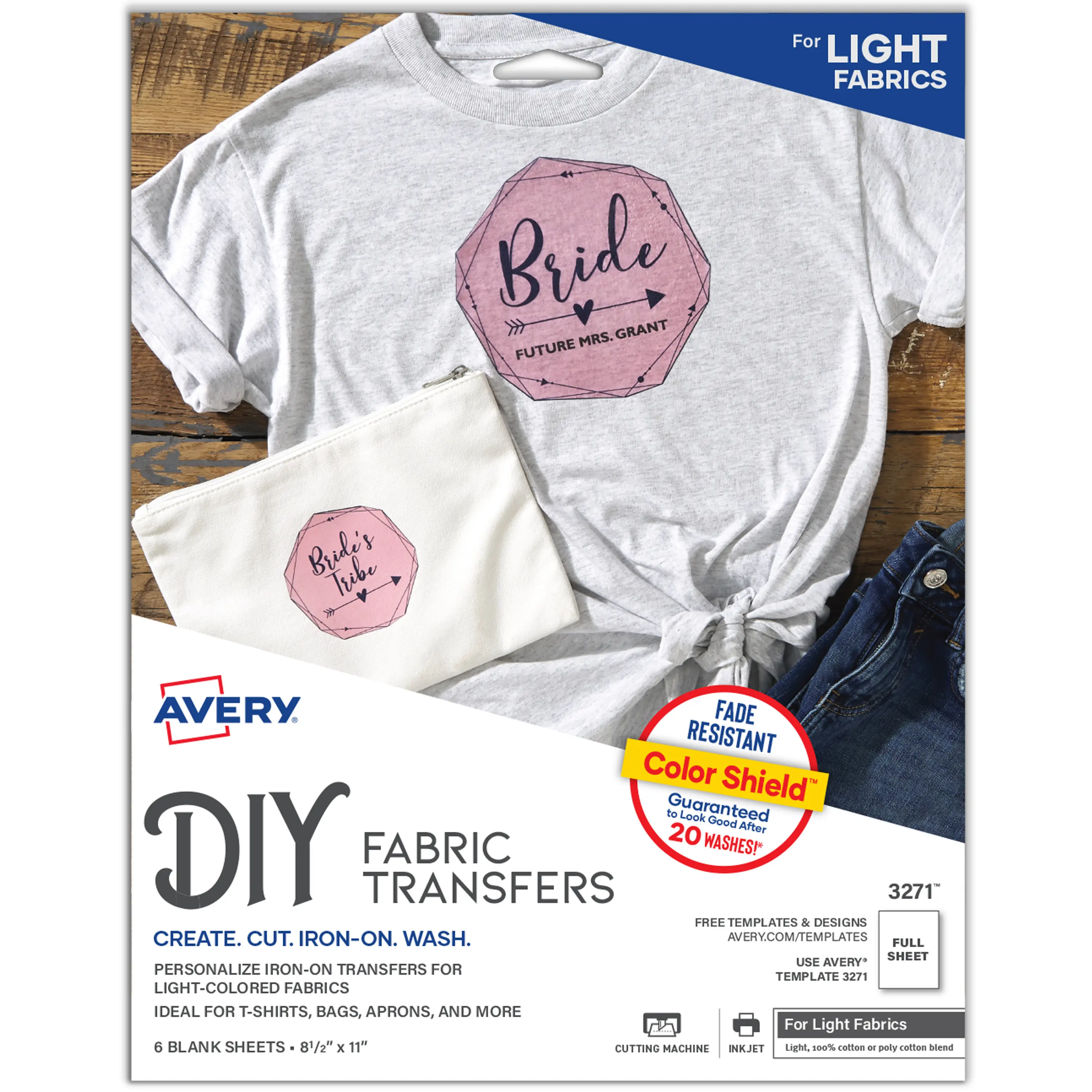 Avery Printable Heat Transfer Paper for Light Fabrics, 8.5" x 11", Inkjet Printer Compatible, 6 Sheets of Iron On Transfer Paper (3271)