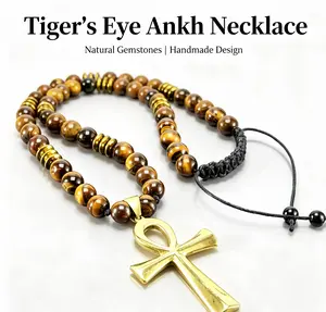 Vintage Unisex Beaded Cross Necklace - Tiger's Eye Ankh Cross Emblem, Ethnic Culturally-Inspired Egyptian Life/Courage/Spiritual Protection Costume Jewelry, Beaded Cross Necklaces, Cross Emblem Necklaces