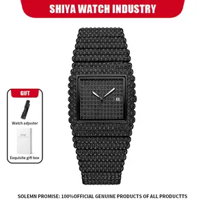 Luxury Iced Out Square Watch For Men, Gold Full Diamond Bling Wristwatch With Date, Men's Bling Diamond Watch With Gift Box, Ideal Gift For Him