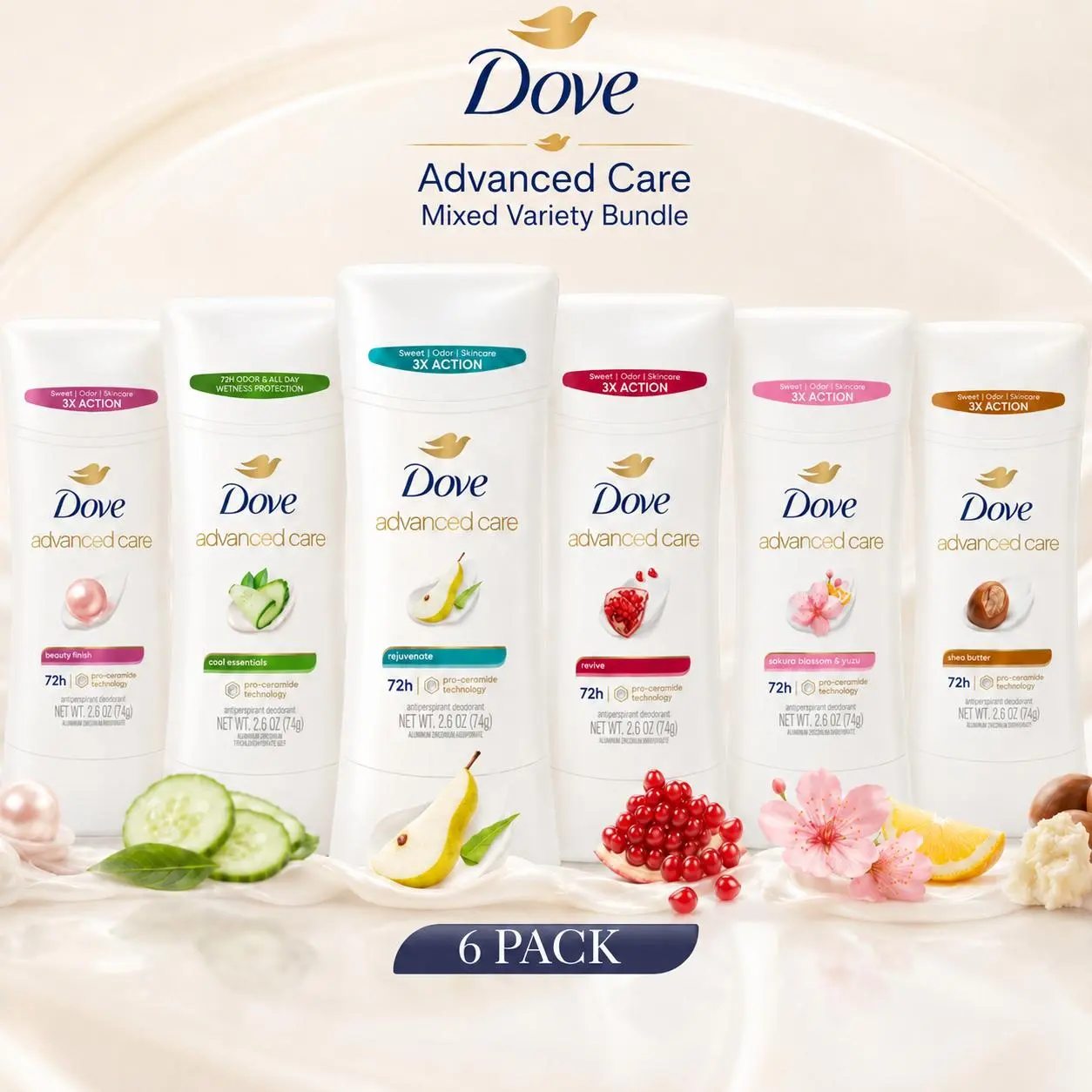 Dove Advanced Care Women's Antiperspirant Deodorant Stick, 6-Pack Multi-Pack with Assorted Fragrances including Shea, Body Care Gift Set, 2.6oz, Scent, Beauty Products