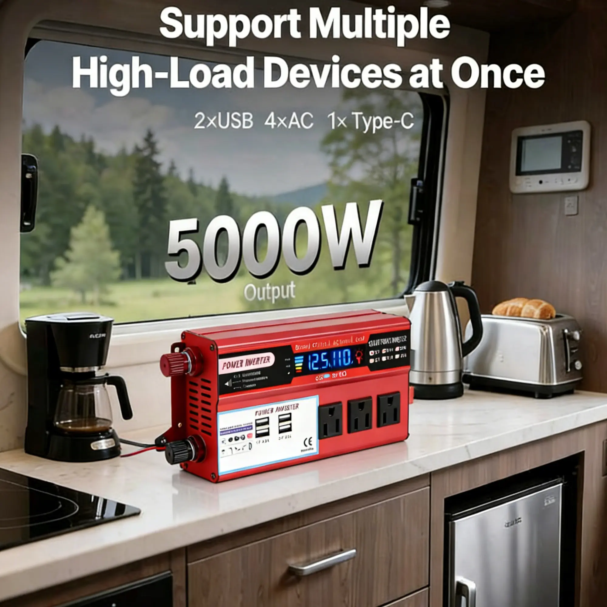 5000W Output Pure Sine Wave Inverter - DC 12V to AC 110V Portable Size Vehicle Power Converter, Digital Display, 4 Fast Charging USB Ports, 3 Standard US Sockets, Multi-Port for Camping & Hiking Vehicles