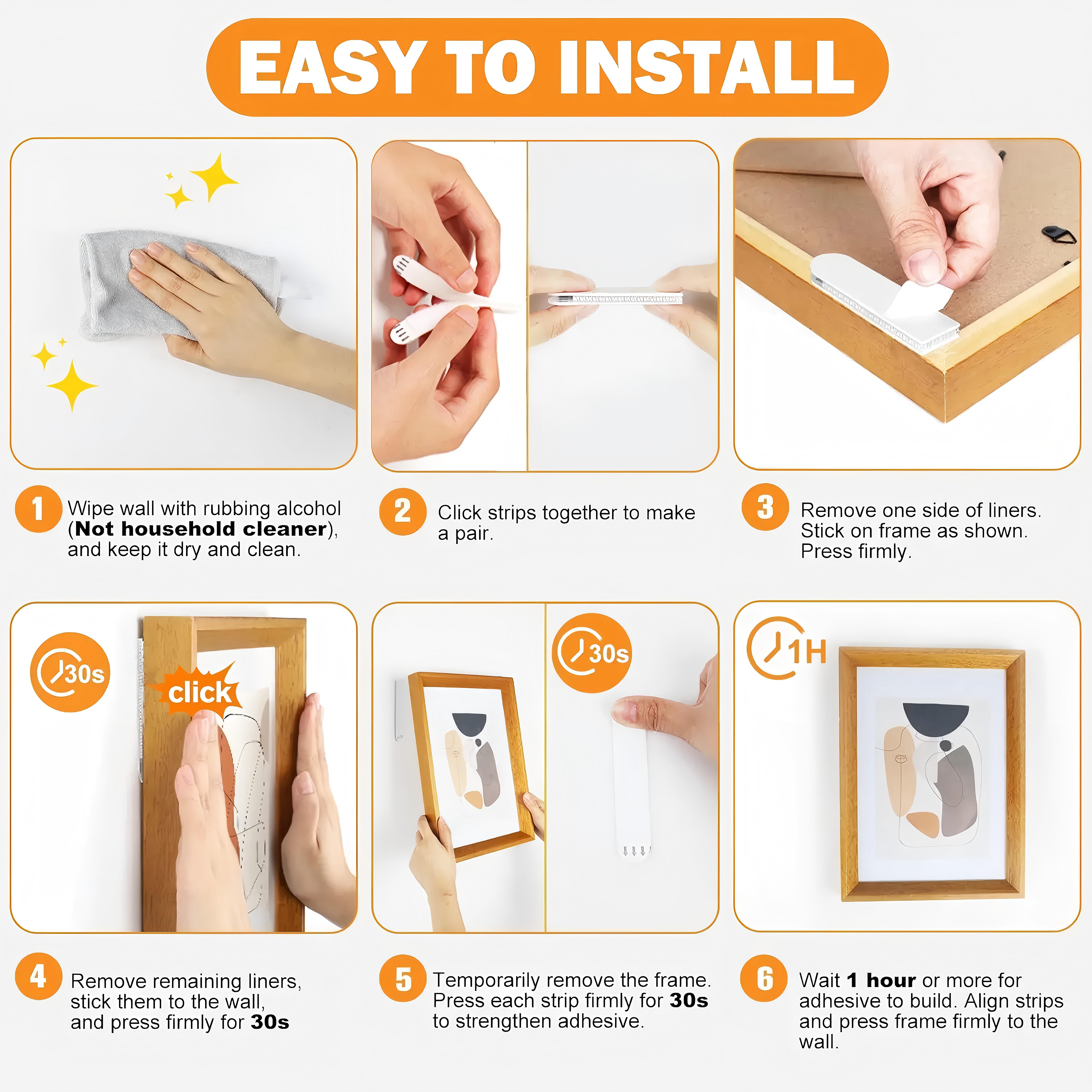 Removable Picture Hanging Strips Nail-Free Double Sided Adhesive Strips No Damage Wall Mount for Frames Hook & Loop All-in-one Heavy Duty