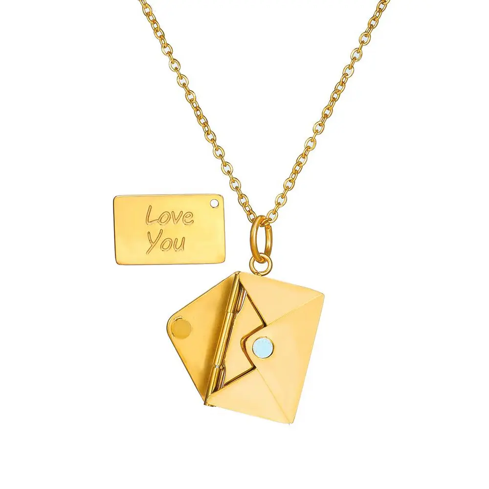 Gold-Plated Stainless Steel Adjustable Clavicle Necklace - 47cm, 8g LOVE YOU Pendant, Hidden Flap Envelope Design Letter Jewelry, Female Anniversary Birthday Gift
