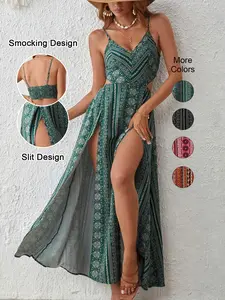 Women's Boho Striped Bodycon Dress, Slit Thigh Backless Spaghetti Strap, Perfect for Beach Vacation & Layering