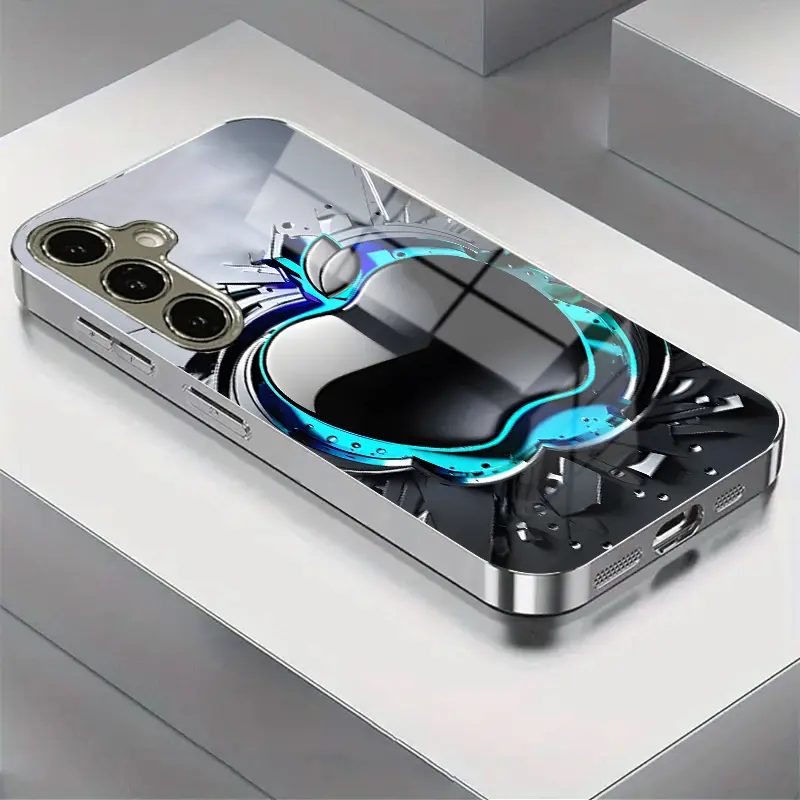 Blue Sci-Fi Pattern Electroplated Glass Phone Case for Samsung S25-S20, Note20-Note10, a Series, Anti-Scratch, Fashionable Design
