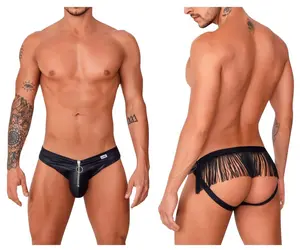 Men's Polyester Fringe Jockstrap Undergarments - Black, Decorative Zip, Supportive Pouch, Daily Wear Menswear Underwear