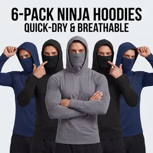 6-piece set men's outdoor work sun protection clothing with sun-blocking hoodie, featuring built-in face mask and neck guard, breathable long-sleeve hoodie