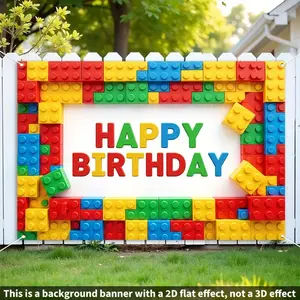 1PC Polyester Reusable 2D Flat Building Block Theme Birthday Backdrop - Children’s Party Decoration Banner, Hanging Flag, Outdoor Banners, Indoor-Outdoor Photo Prop, Baby 1st Birthday Supplies
