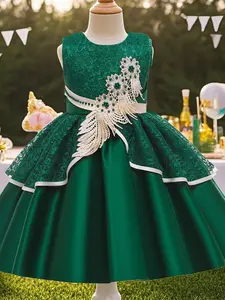 Girl's Floral Embroidery Elegant Sweater Dress, Floral Pattern Dress, Cute Puff Sleeve Round Neck Knit Dress for Party Holiday Wedding Guest Birthday Dress, Kids Clothes for All Seasons