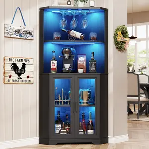 MIIFUNY Corner Bar Cabinet with LED Lights, 65" Tall Wine Cabinet with Glass Holder & Tempered Glass Door, 4-Tier Liquor Alcohol Cabinet & Coffee Bar with Human Body Sensor for Dining Room, Black