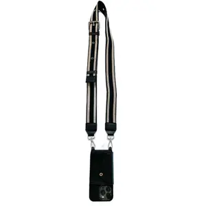 Chic adjustable buckle strap with striped design attached to iPhone 13/14 case that doubles as wallet. Vegan Leather Accessories Smartphone Cellphone phonecarrier phone strap