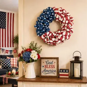 USA 250th Independence Day Patriotic Wreath, American Flag Floral Wreath