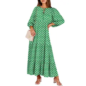 ANRABESS Womens Boho Maxi Dresses 2026 Summer V Neck Puff Sleeve Floral Flowy Swing Casual vacation Long Dress Boho Sundress Plus size Maxidresses Outdoor Womenswear
