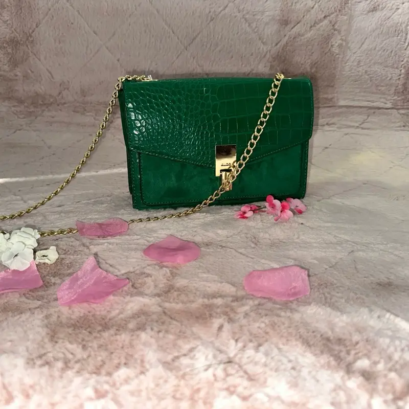 Aldo Handbag - Green Crocodile Texture with Gold Chain Strap and Secure Lock Closure