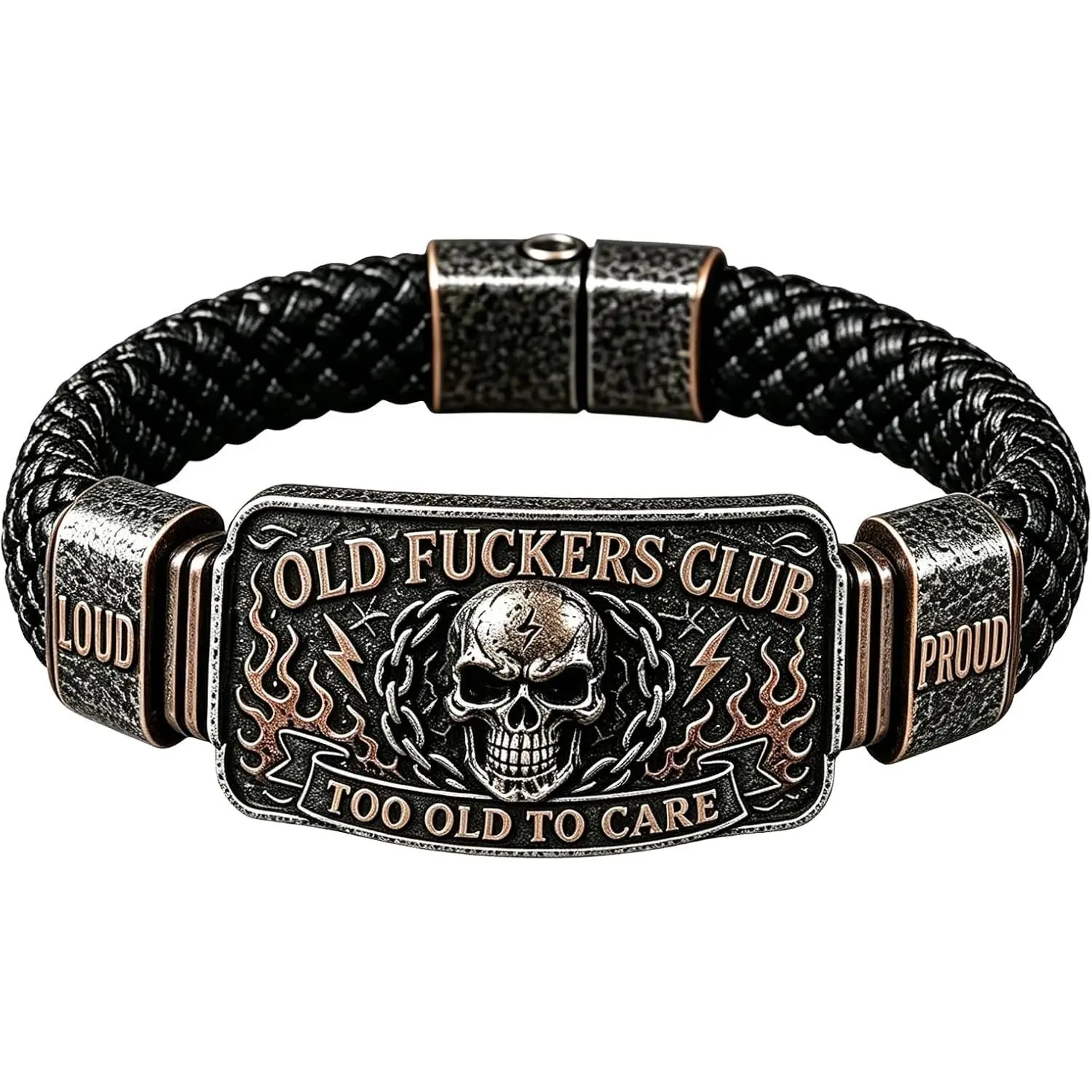 Old Fuckers Club Men's Vintage Skull Flame Biker Braided Bracelet | Too Old To Care Gothic Motorcycle Rider Wristband, Funny Gift for Dad Husband Grandpa Men Biker Lovers