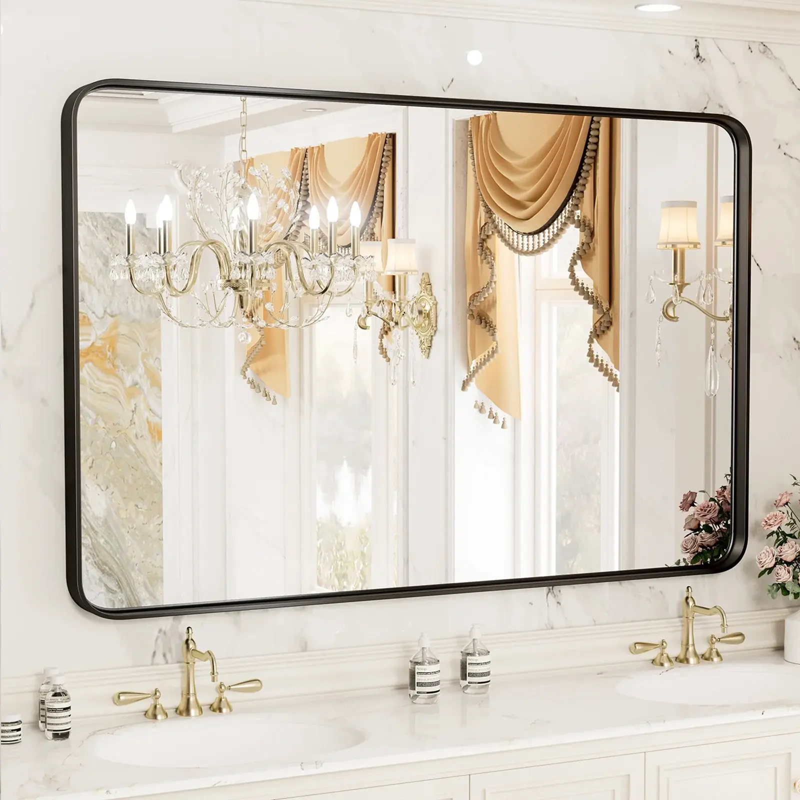 Shatterproof Bathroom Wall Mirror Vanity Mirror with Rectangular Metal Frame, Anti-Fog, Black Shatterproof Bathroom Wall Mirror Vanity Mirror with Rectangular Metal Frame, Anti-Fog, Black