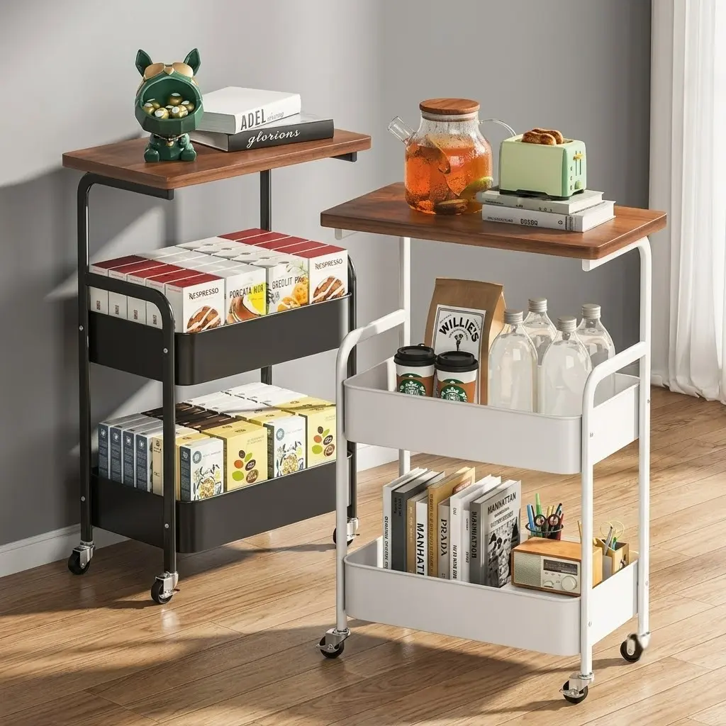 【TikTokShopSummerSale】C-Shaped Rolling Side Table with Storage Basket, Mobile Sofa End Table with Wood Top & Lockable Wheels, Perfect for Living Room, Bedroom, Couch & Bed